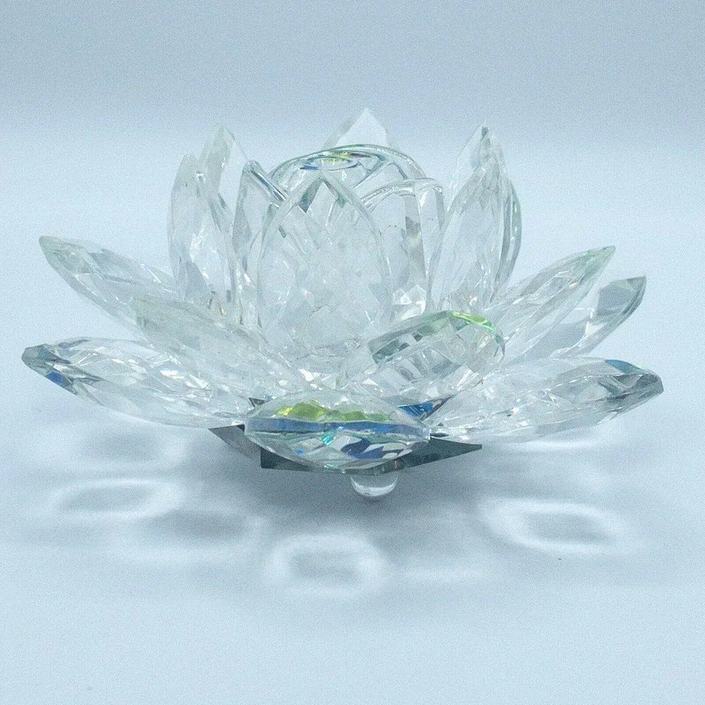 Crystal Lotus Flower Figurine Iridescent Glass Blue Green Decor